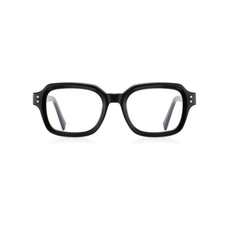 A pair of black full-rim optical glasses with square-shaped lenses.