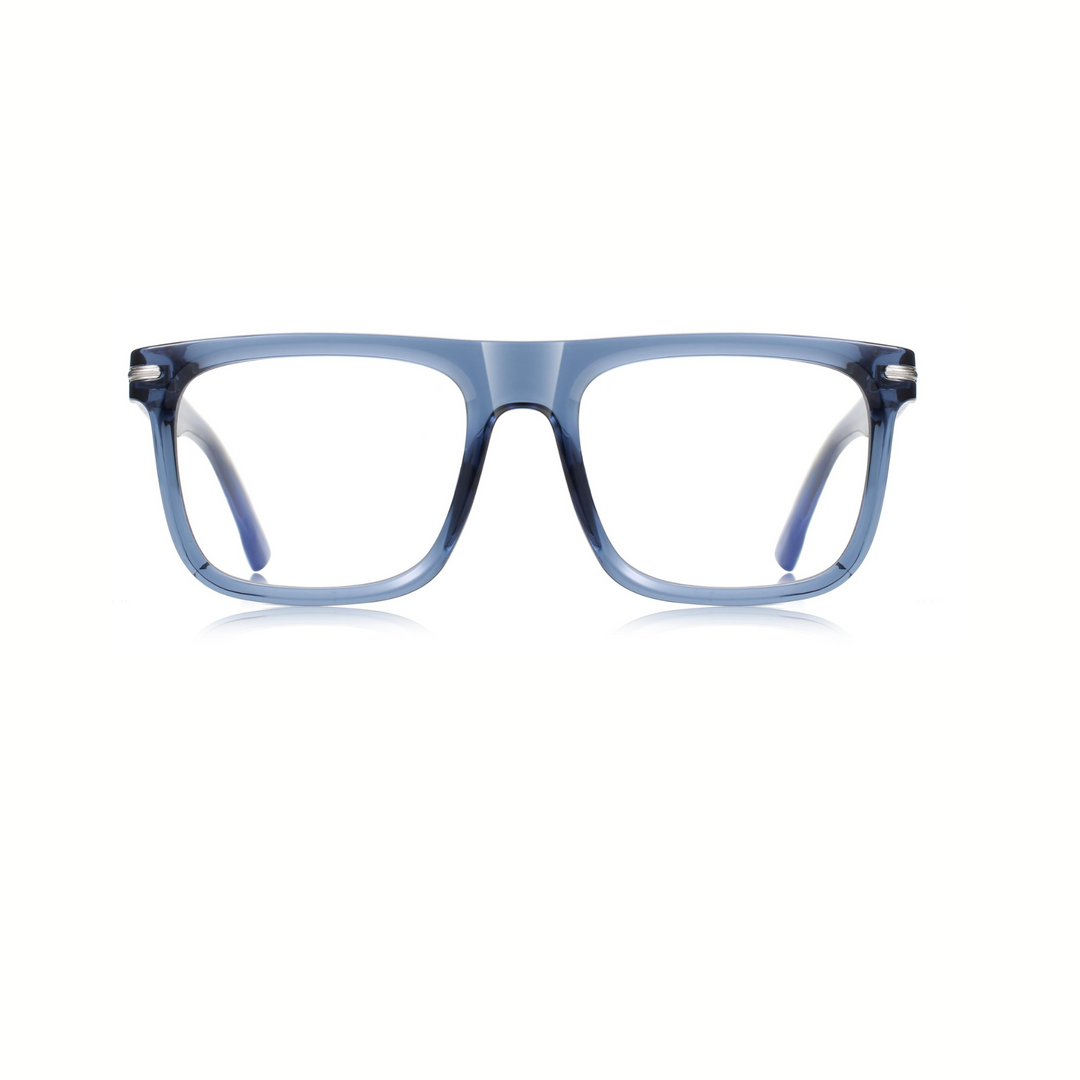 A pair of square-framed, full-specification glasses with a blue and white color gradient.