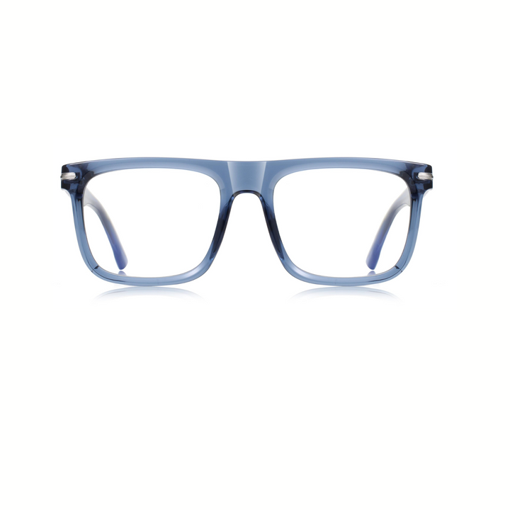 A pair of square-framed, full-specification glasses with a blue and white color gradient.