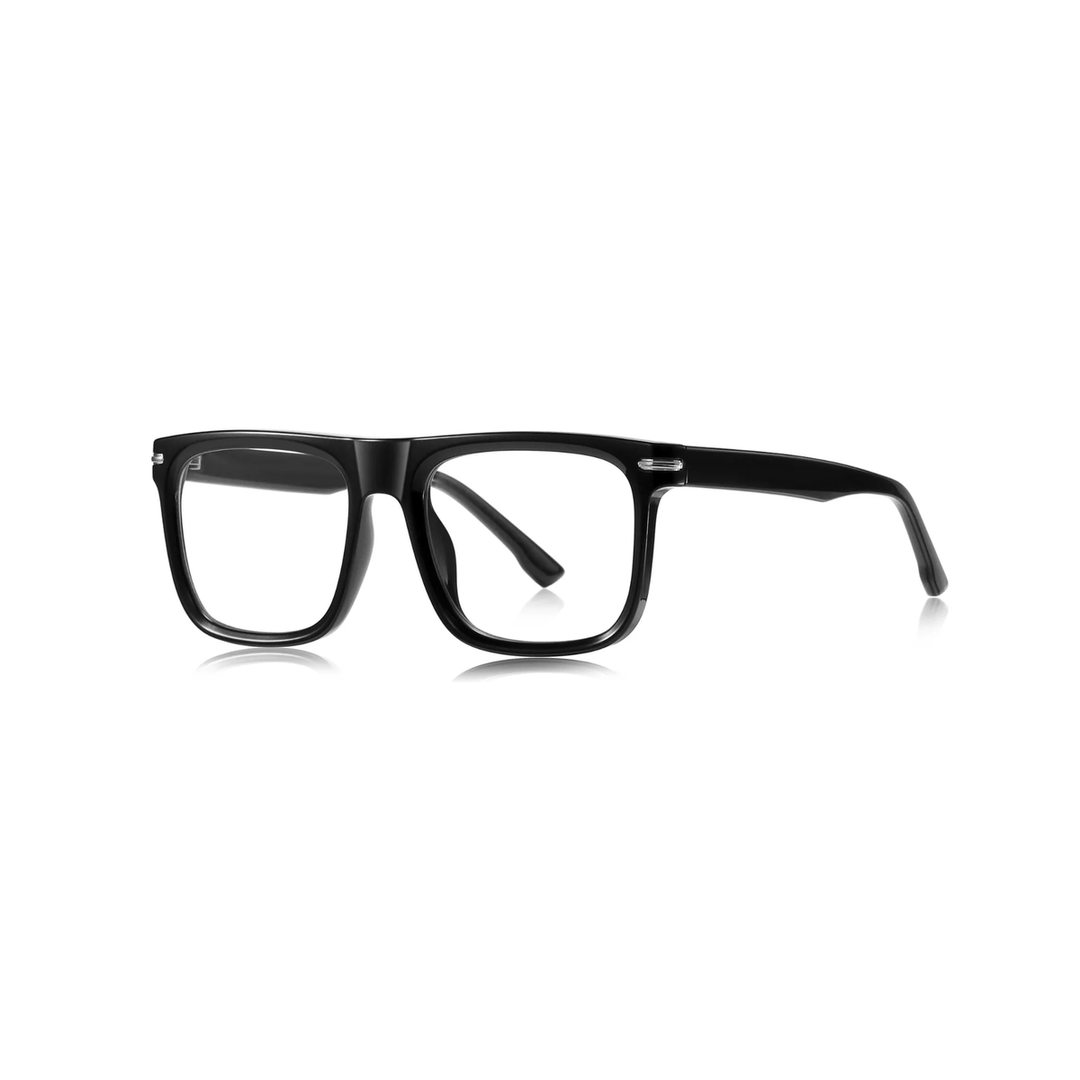 A pair of square-framed, full-specification glasses in black.
