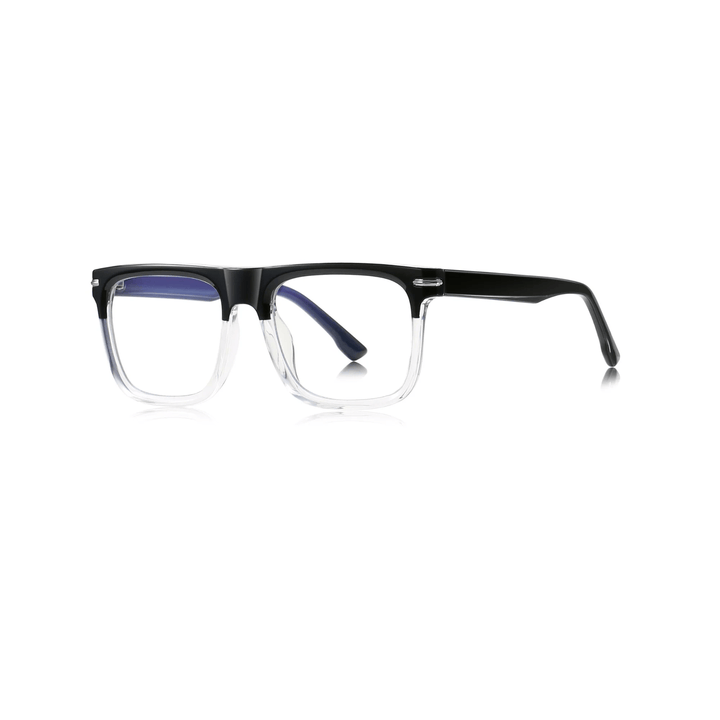 A pair of square-framed, full-specification glasses in a black and transparent color gradient.