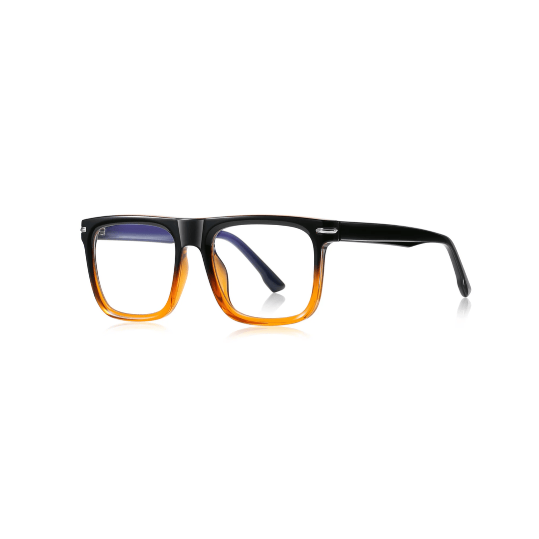 A pair of square-framed, full-specification glasses with a black and orange color gradient.