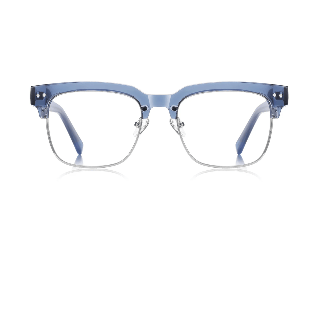 A pair of stylish optical glasses with a sleek and sophisticated blue and clear frame design.