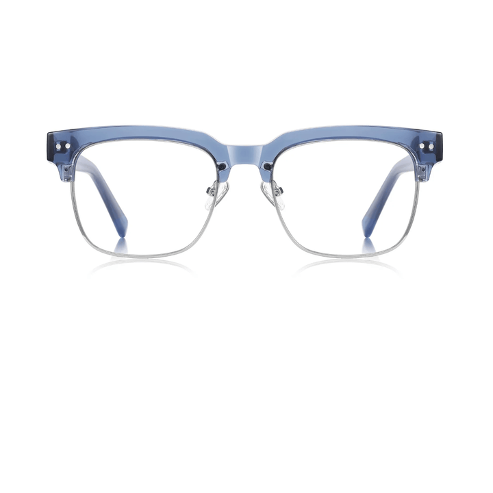A pair of stylish optical glasses with a sleek and sophisticated blue and clear frame design.