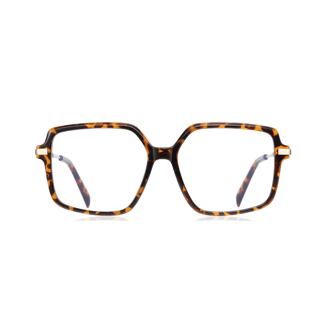 A pair of stylish optical glasses with a patterned frame, front view on a white background
