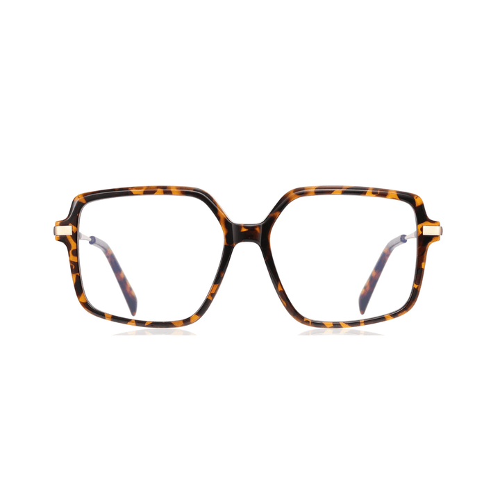 A pair of stylish optical glasses with a patterned frame, front view on a white background