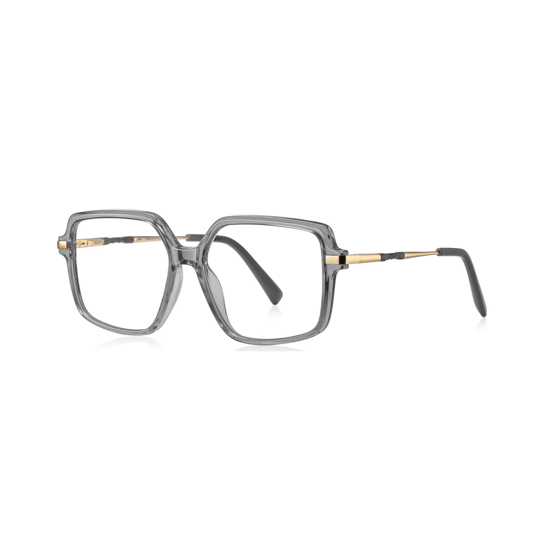 A pair of stylish optical glasses with a patterned frame, front view on a white background