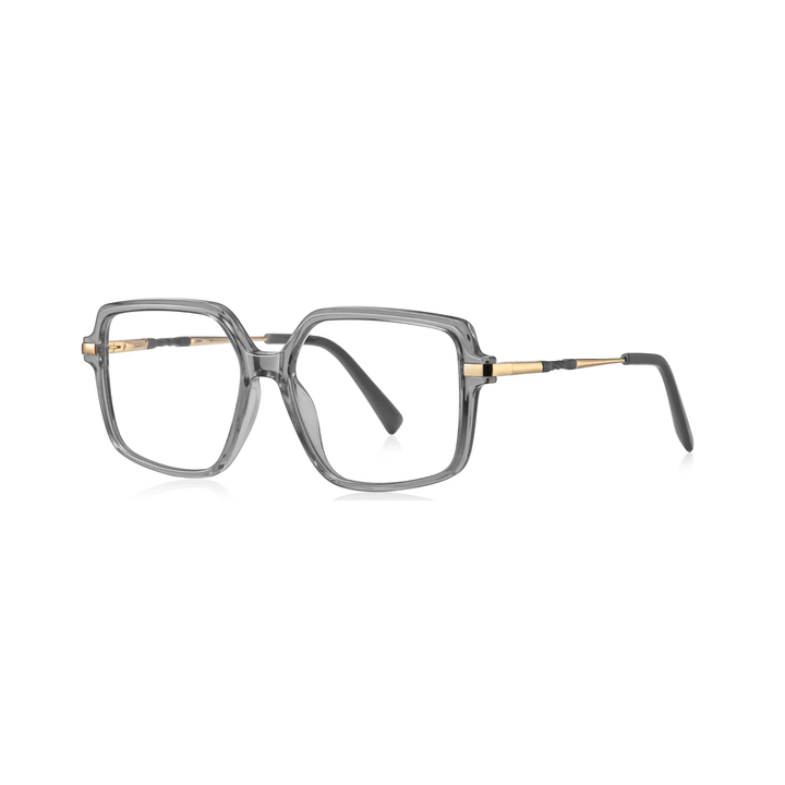 A pair of stylish optical glasses with a patterned frame, front view on a white background