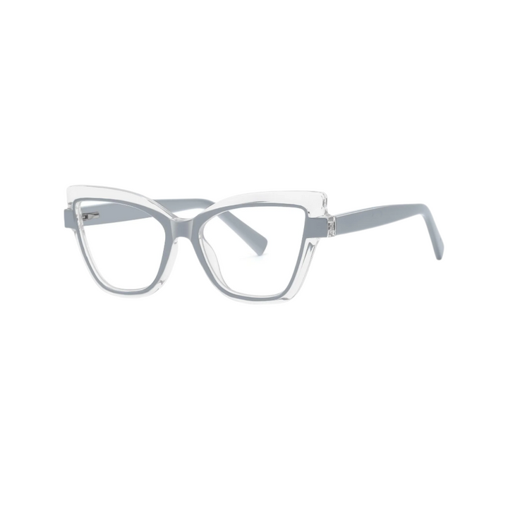 A pair of red, plastic eyeglasses with a cat-eye design.