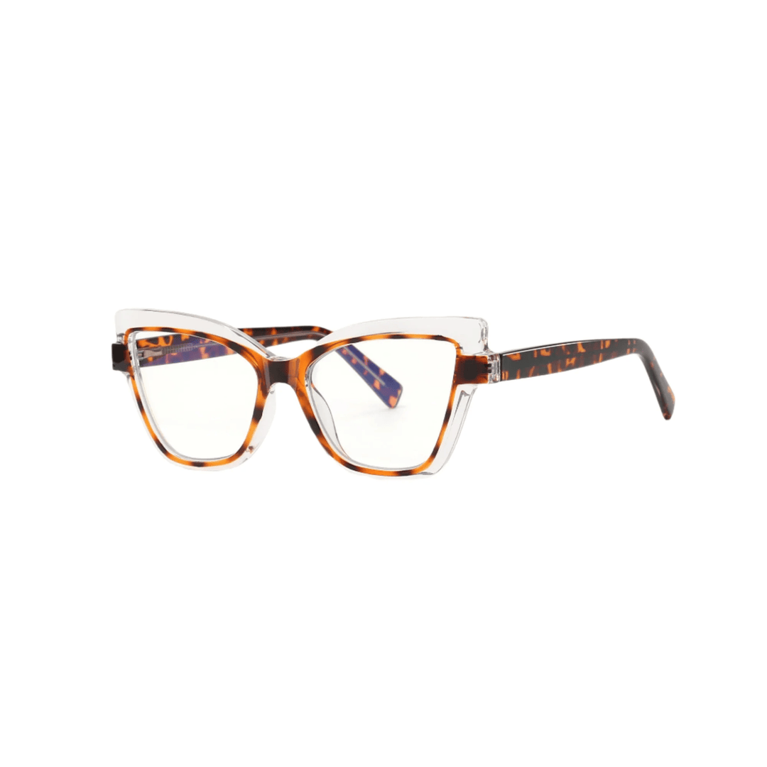 A pair of leopard print, plastic eyeglasses with a cat-eye design.