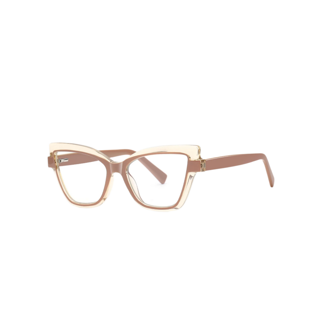 A pair of red, plastic eyeglasses with a cat-eye design.
