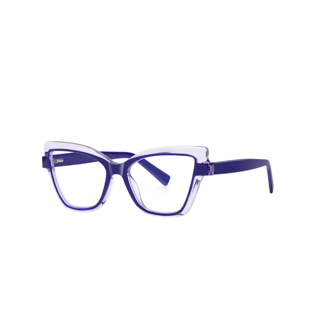 A pair of purple, plastic eyeglasses with a cat-eye design.