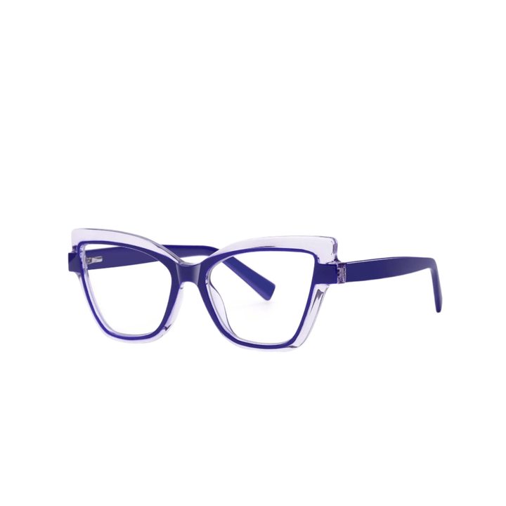 A pair of purple, plastic eyeglasses with a cat-eye design.
