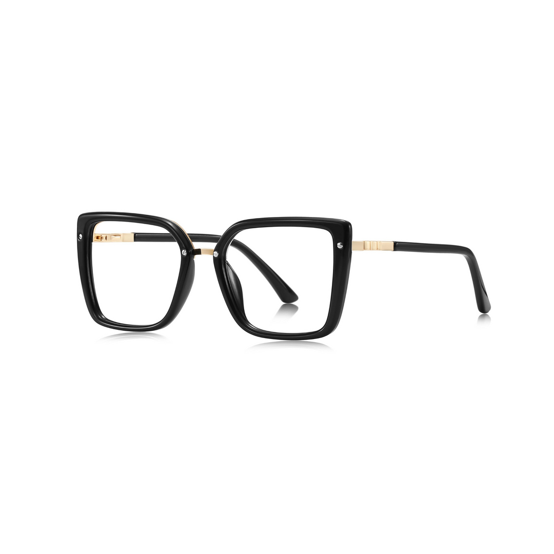Black eyeglasses with gold accents on a white background