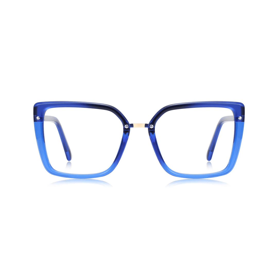 A pair of blue square-shaped eyeglasses with a bold design.