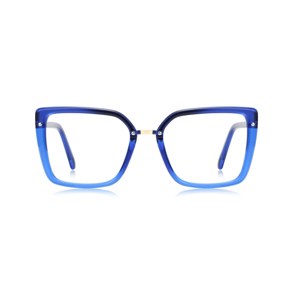 A pair of blue square-shaped eyeglasses with a bold design.