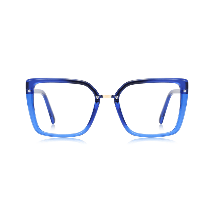 A pair of blue square-shaped eyeglasses with a bold design.