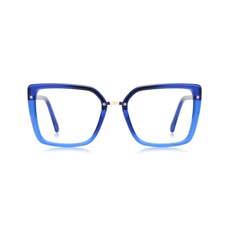 A pair of blue square-shaped eyeglasses with a bold design.