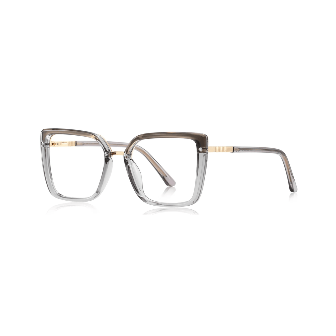 Eyeglasses with clear frame and gold accents on white background