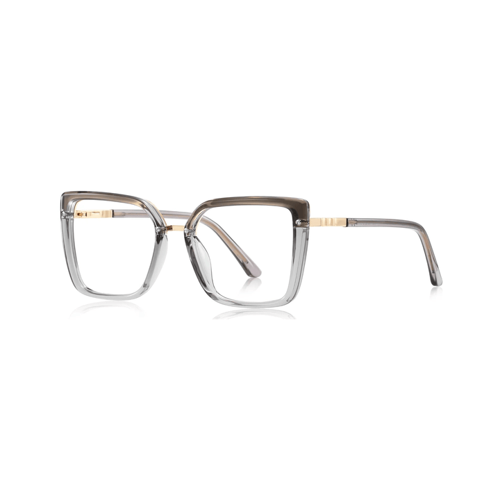 Eyeglasses with clear frame and gold accents on white background