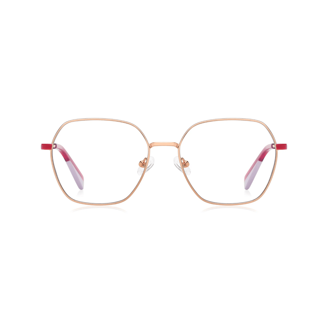 A pair of round full frame metal eyeglasses with red accents on the temples and a gold frame color.