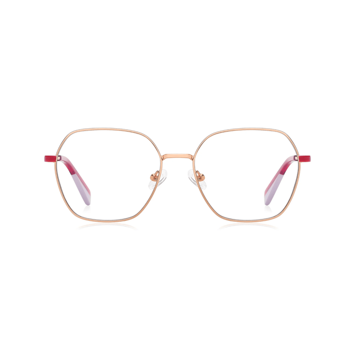 A pair of round full frame metal eyeglasses with red accents on the temples and a gold frame color.