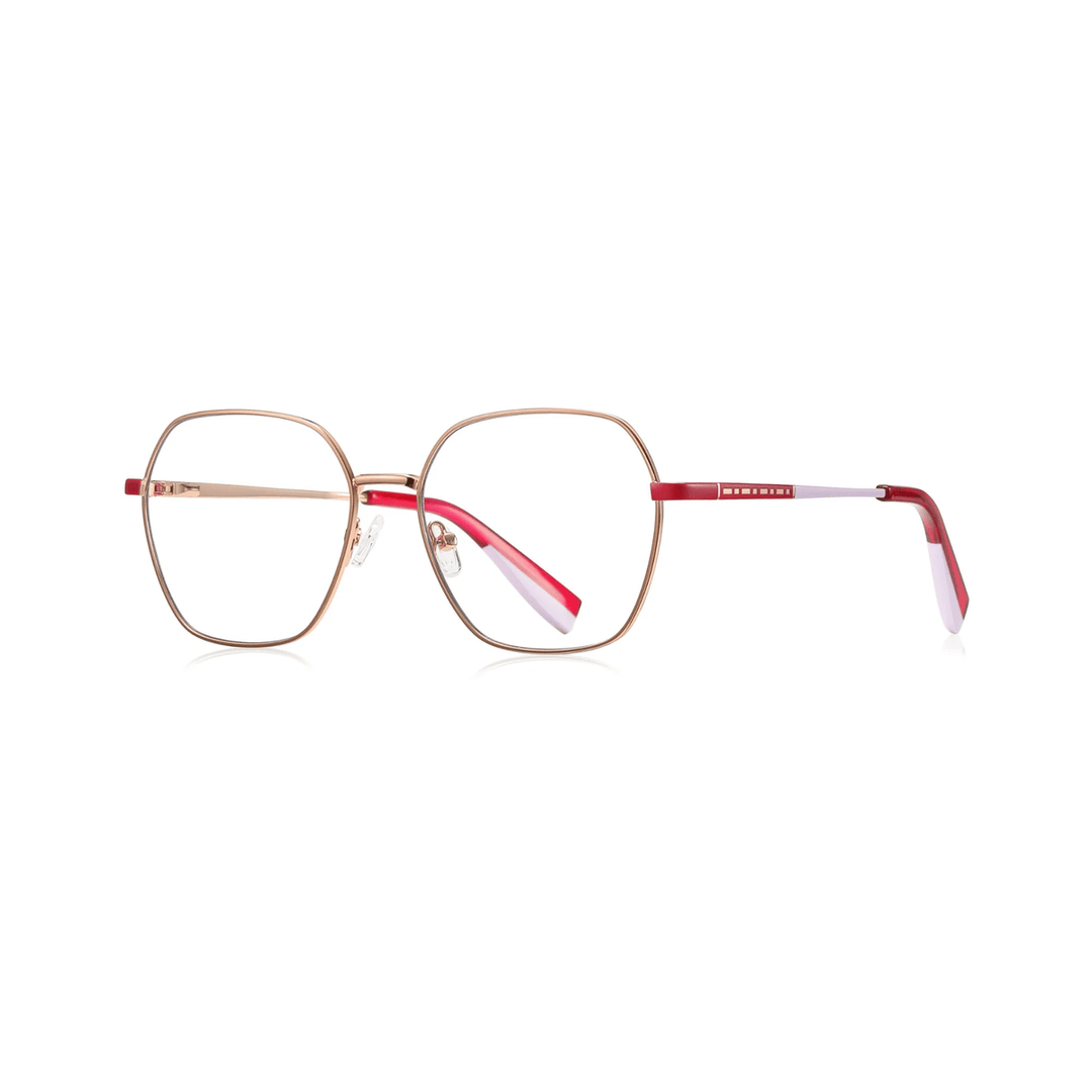 Eyeglasses with gold frame and red accents on a white background