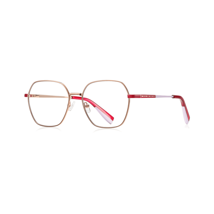 Eyeglasses with gold frame and red accents on a white background