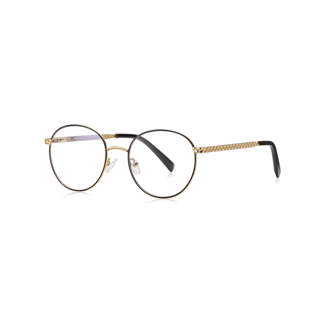 Round eyeglasses with gold frame and black lenses on a white background