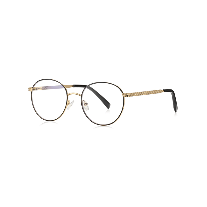 Round eyeglasses with gold frame and black lenses on a white background