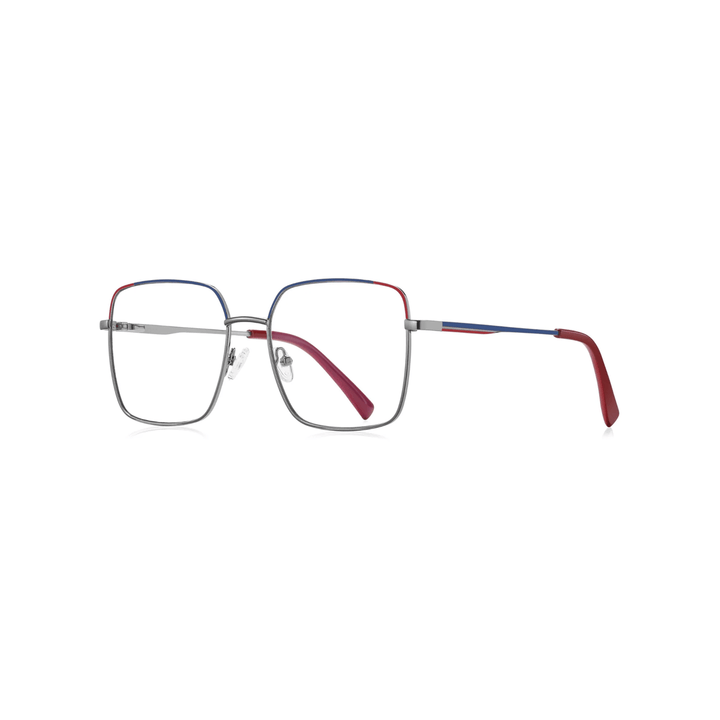 A pair of metal optical glasses with a red and silver frame designed for women.