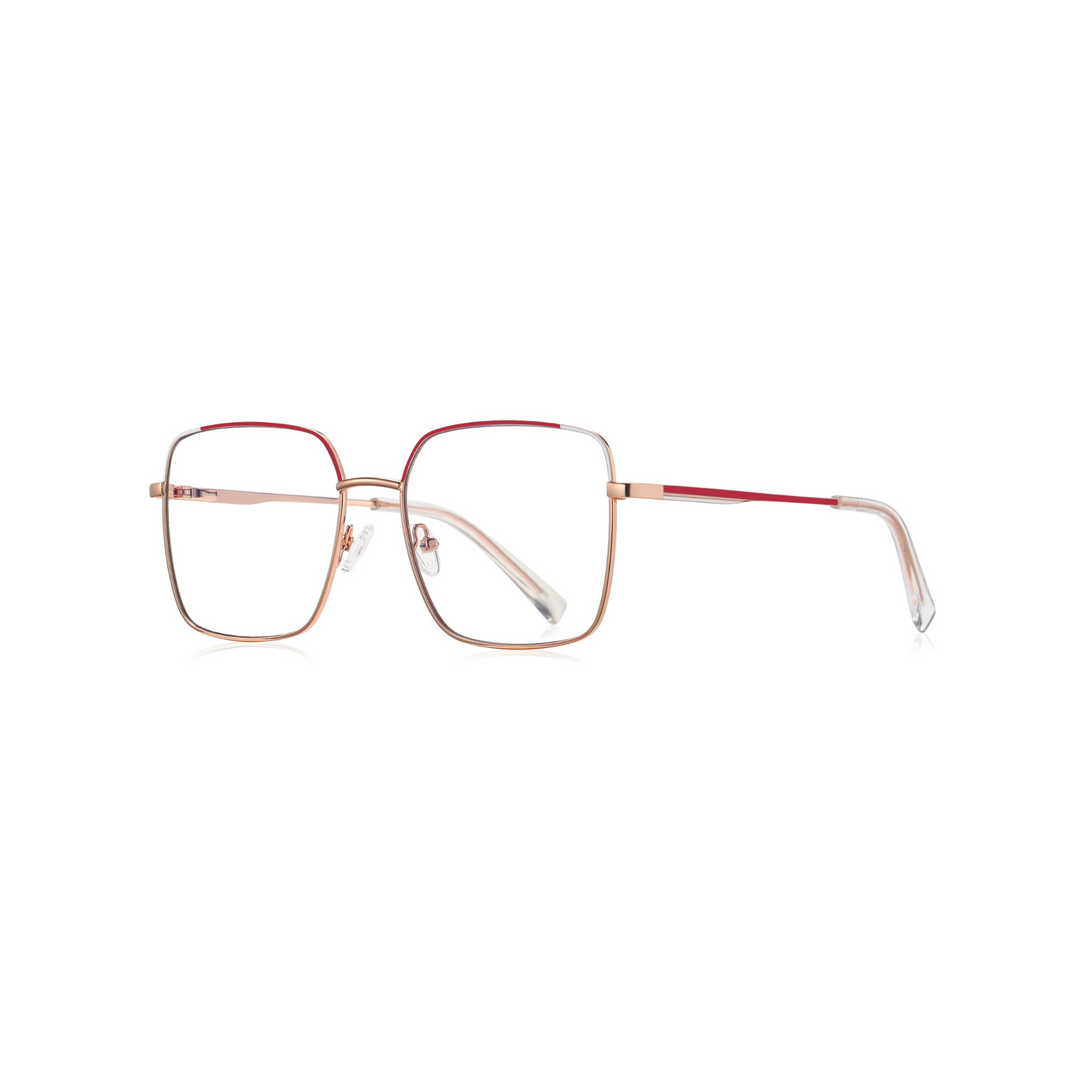 A pair of metal optical glasses with a red and gold frame designed for women.