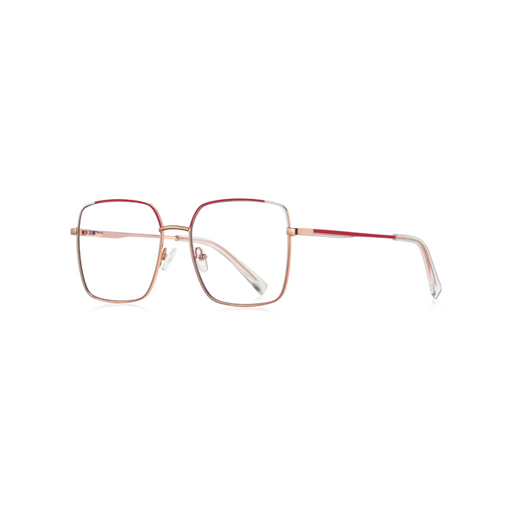 A pair of metal optical glasses with a red and gold frame designed for women.