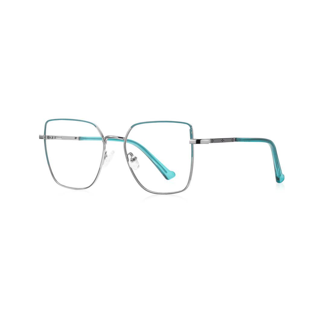 A metal optical frame for ladies with a silver structure and blue accents on the temples.