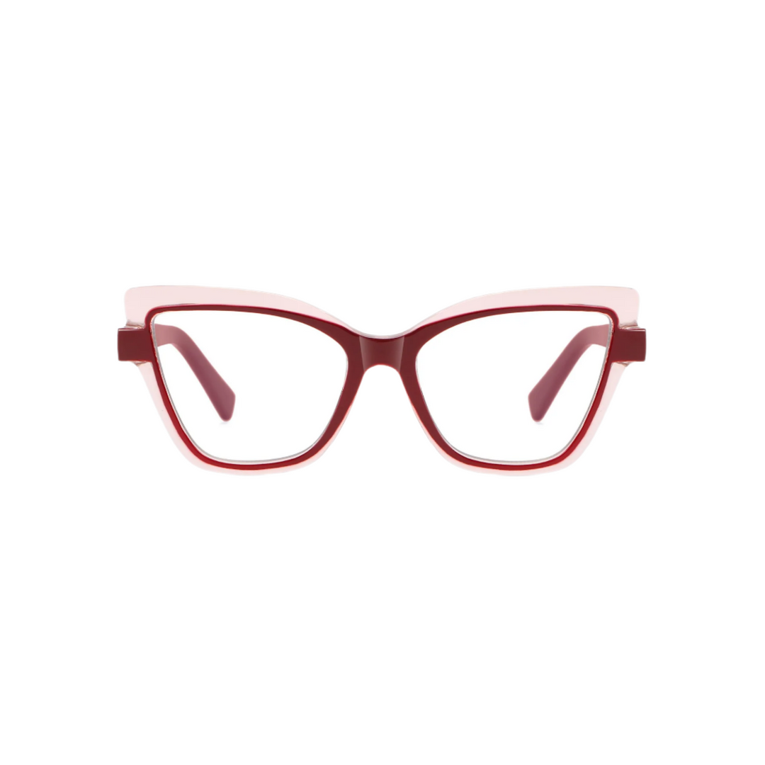 A pair of red, plastic eyeglasses with a cat-eye design.