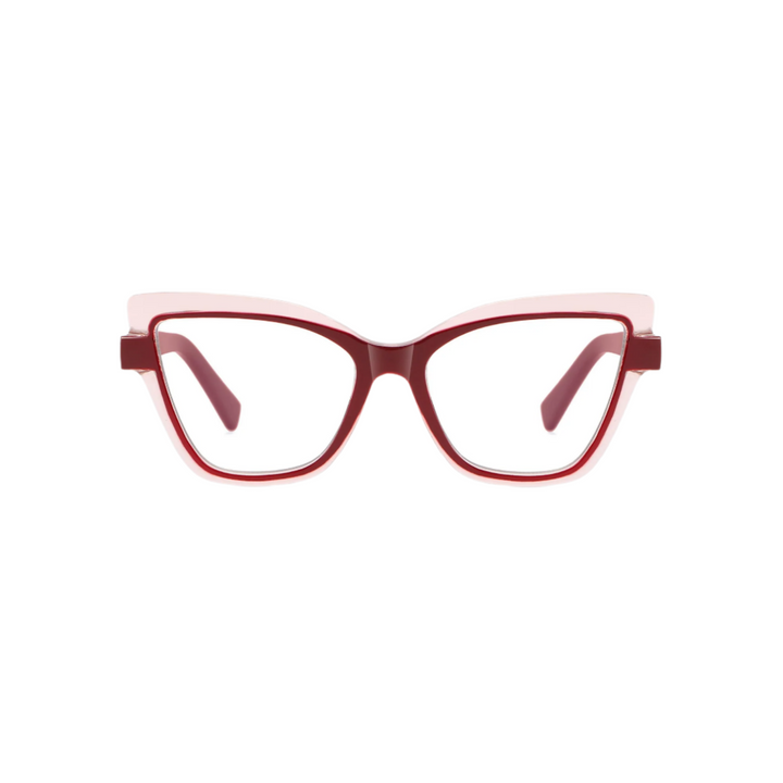 A pair of red, plastic eyeglasses with a cat-eye design.