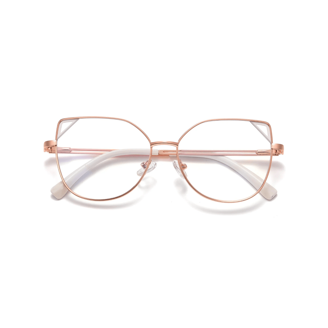 Rose gold cat-eye glasses on a white background