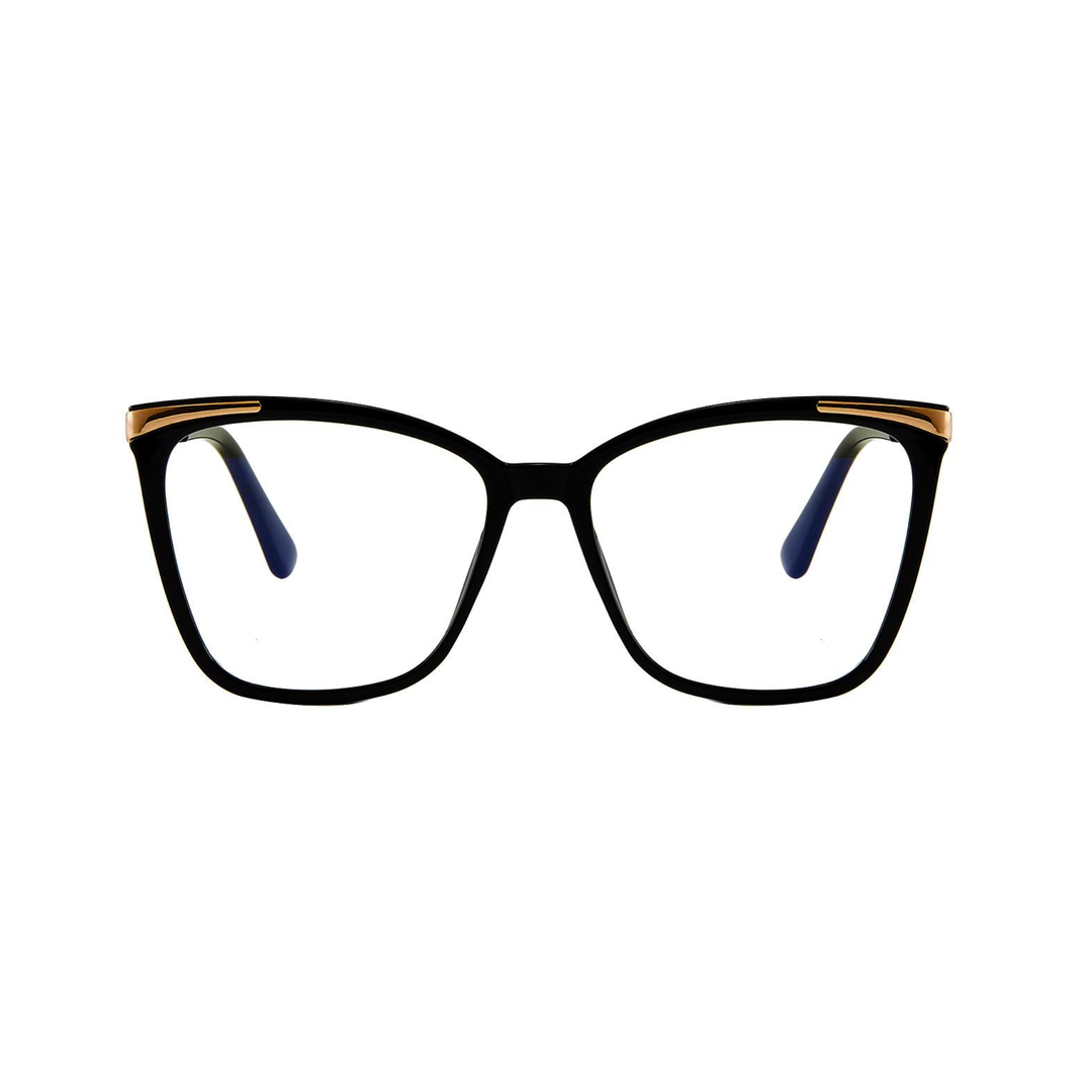 Black cat-eye glasses with gold accents on a white background