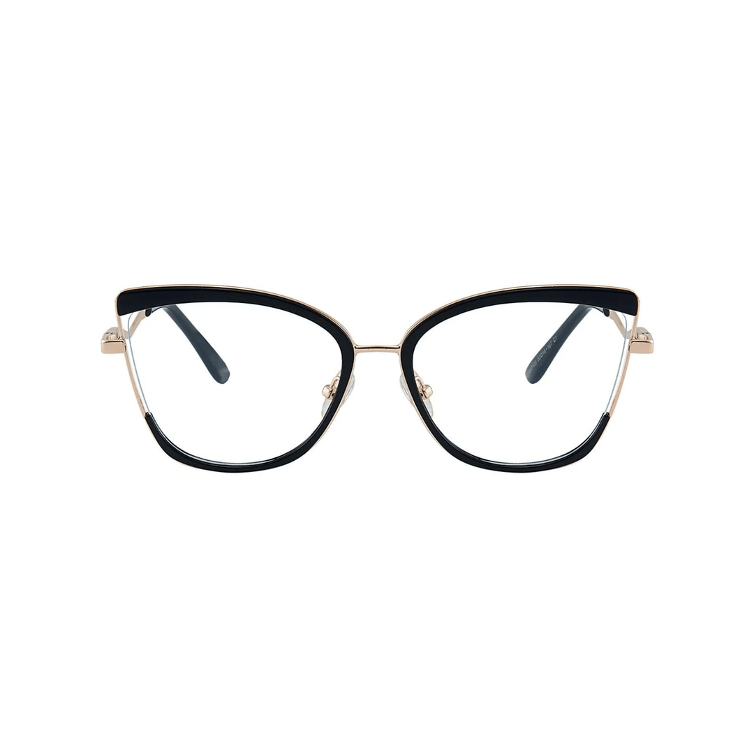 Black cat-eye glasses with gold accents on a white background
