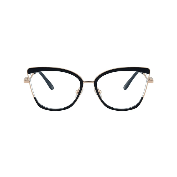 Black cat-eye glasses with gold accents on a white background