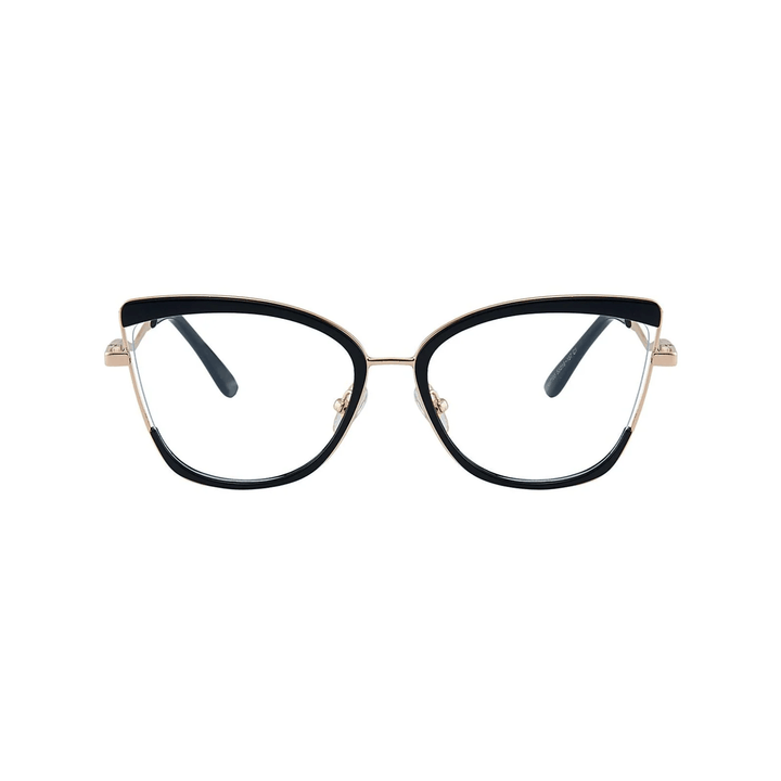 Black cat-eye glasses with gold accents on a white background
