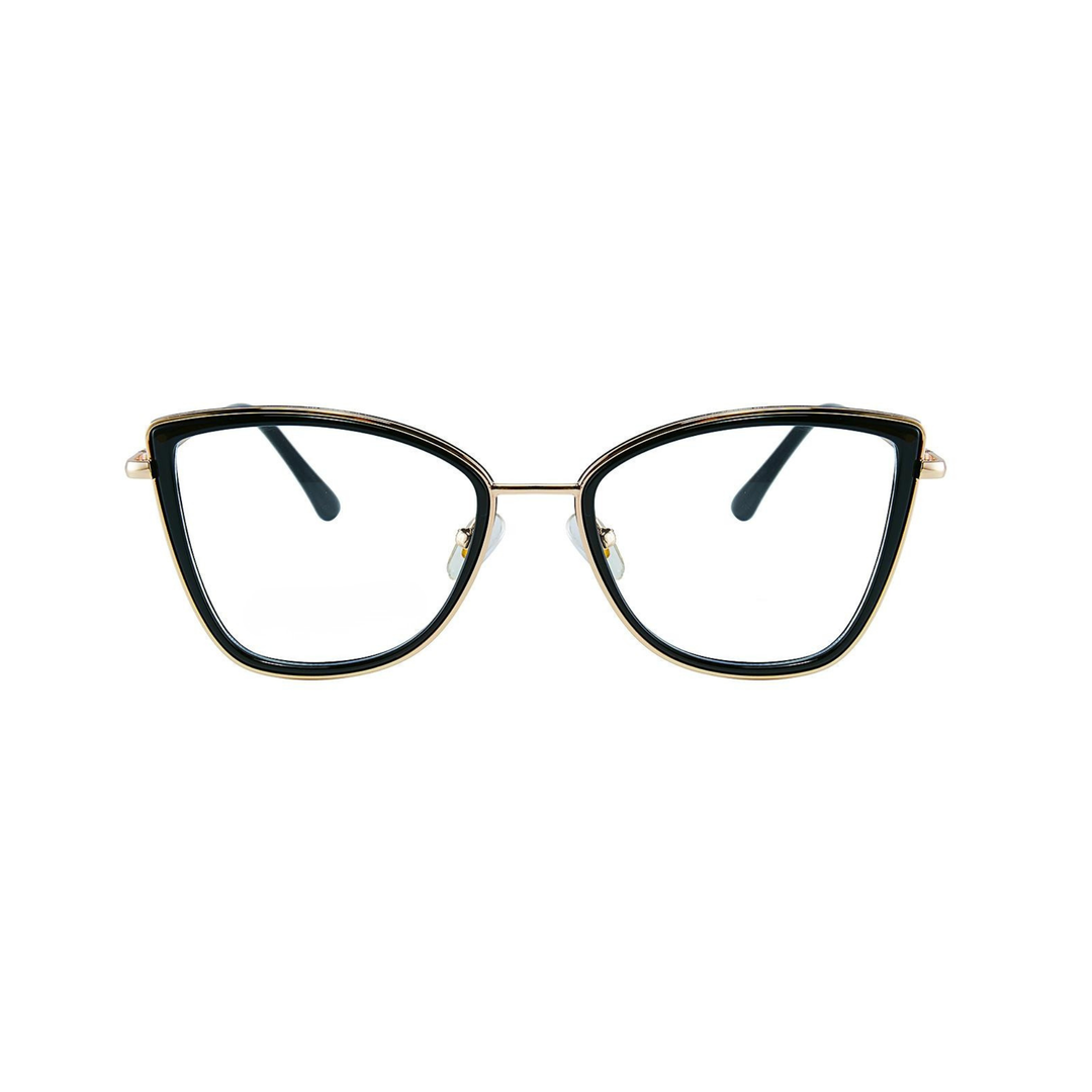 Cat-eye glasses with black lenses and gold frame on a white background