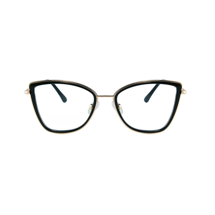 Cat-eye glasses with black lenses and gold frame on a white background
