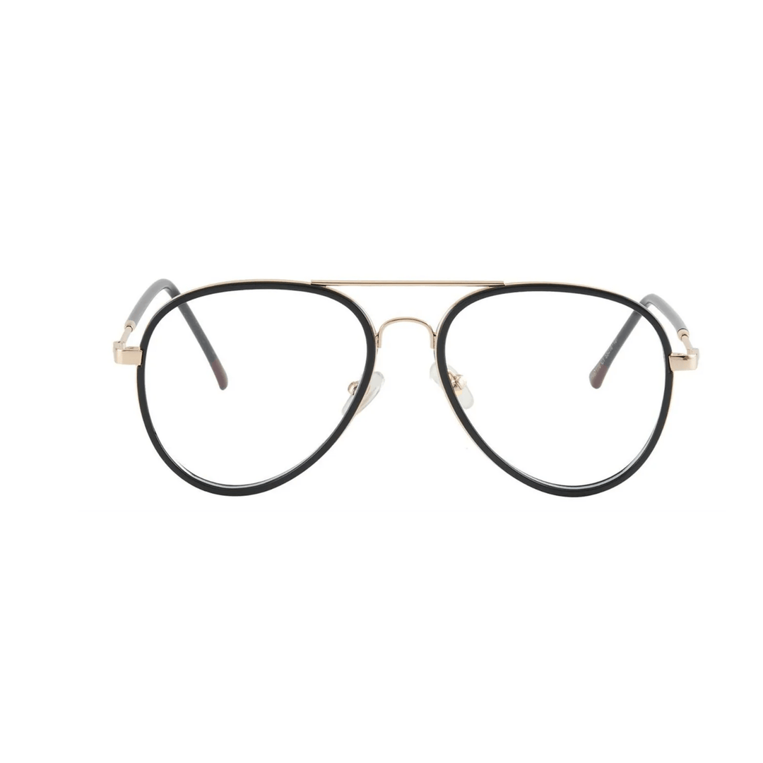 Black eyeglasses with gold accents on a white background