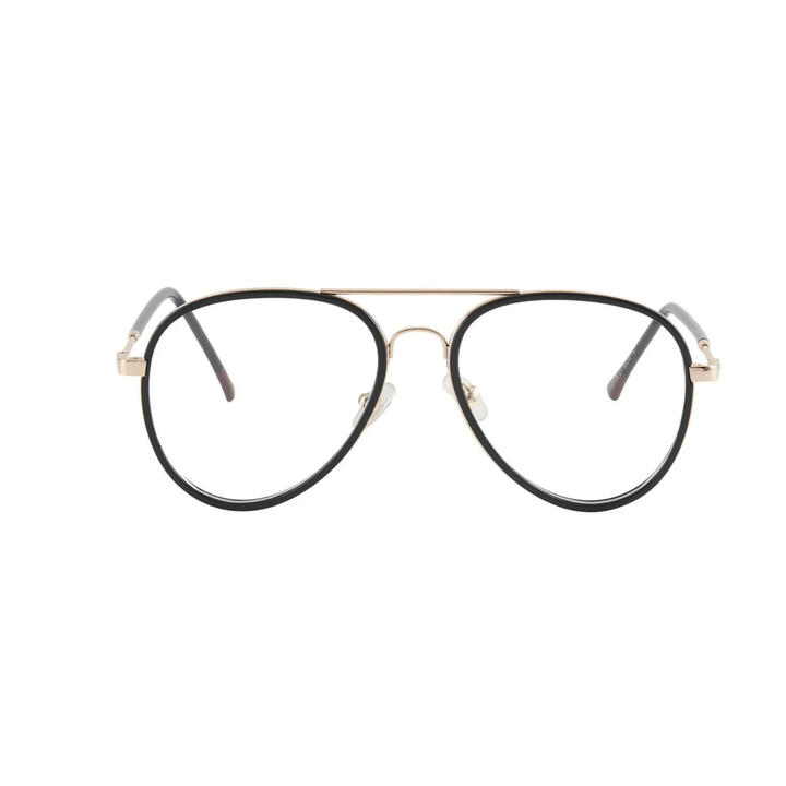 Black eyeglasses with gold accents on a white background