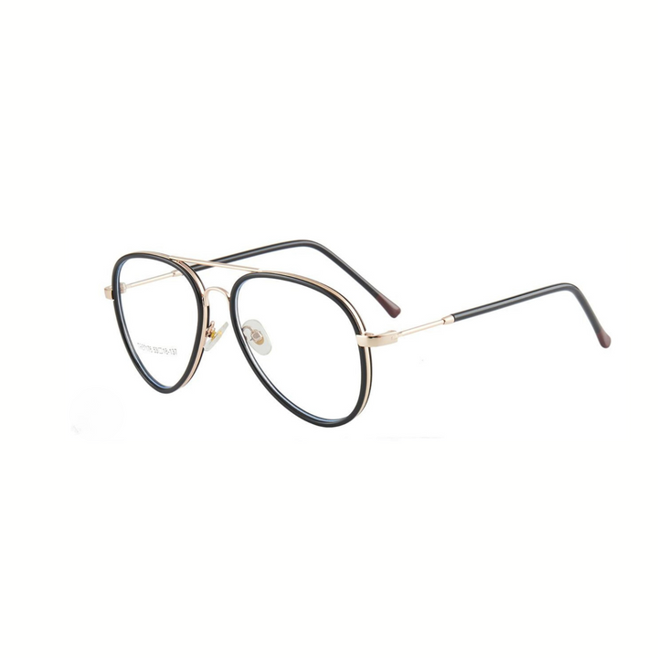 Aviator-style eyeglasses with black frames and gold accents on a white background