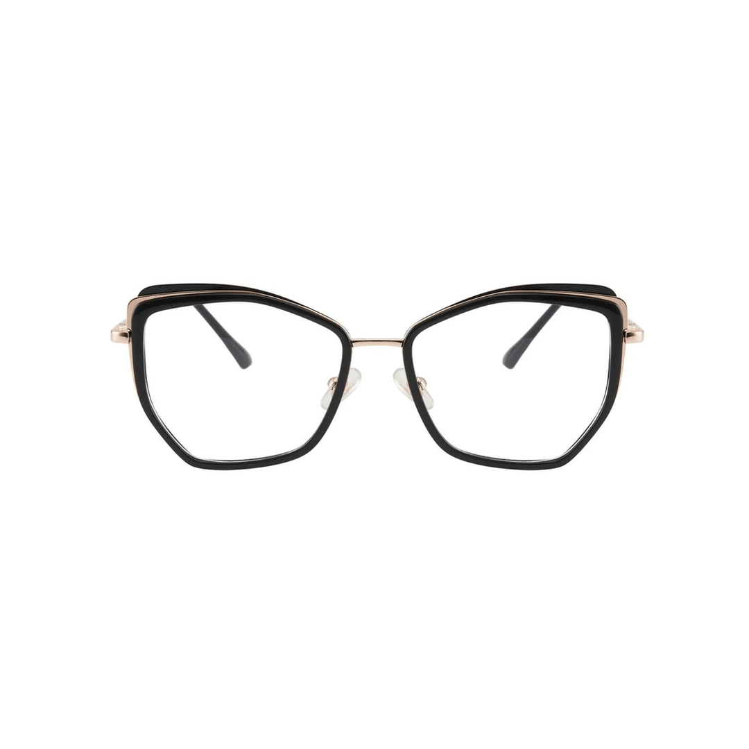 Black cat-eye glasses with gold accents on a white background