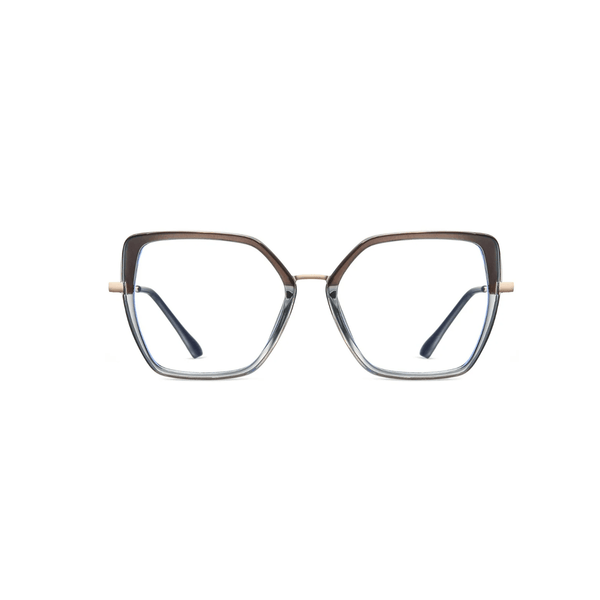 Eyeglasses with a brown and clear frame on a white background