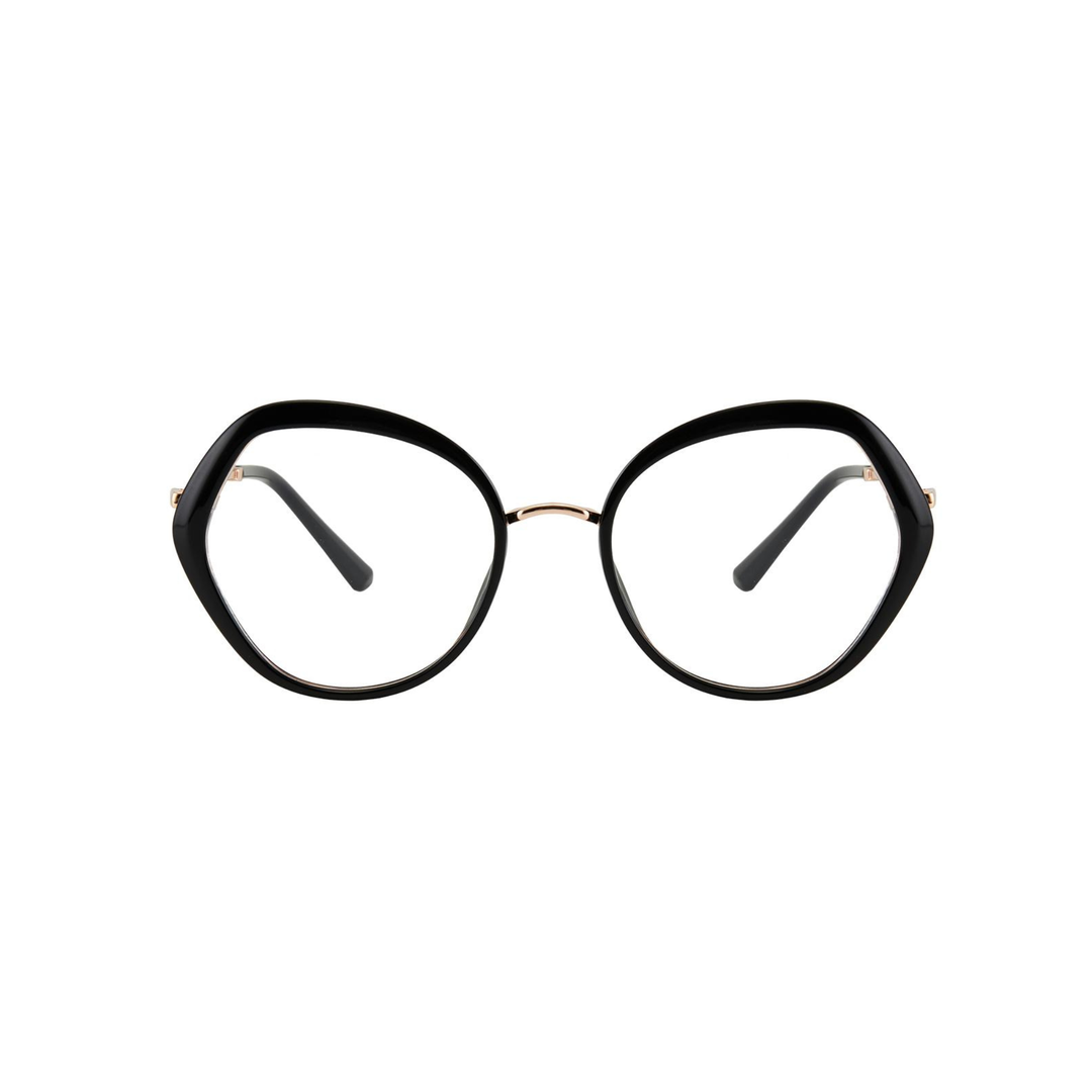 Black eyeglasses with gold accents on a white background