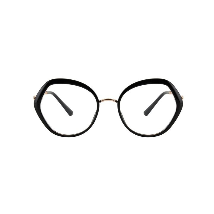 Black eyeglasses with gold accents on a white background